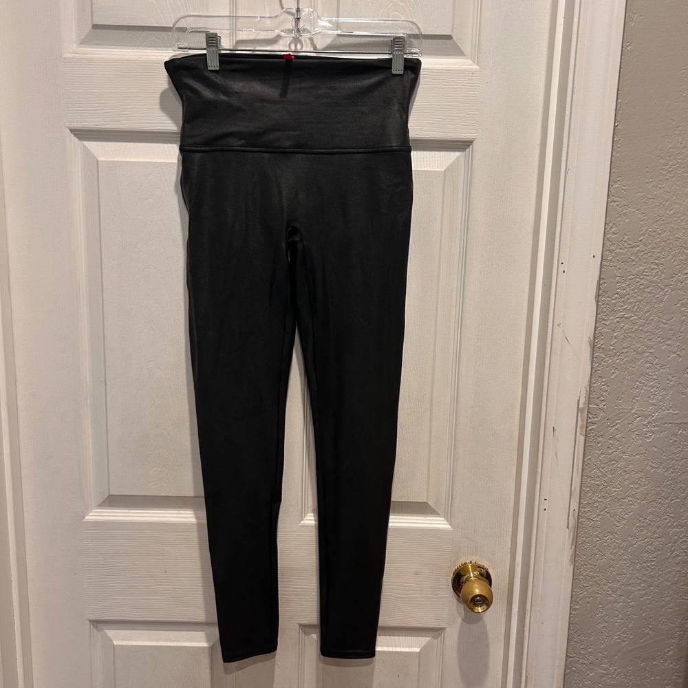 Spanx Faux Leather‎ Leggings Black High Waisted Tummy Control Women's Size Large